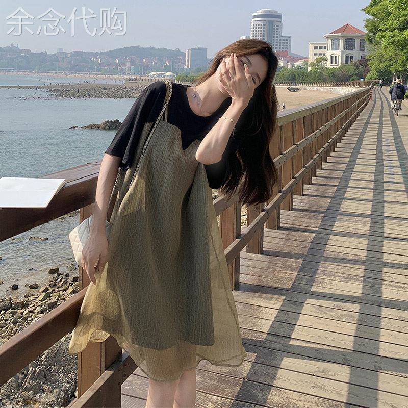 法式纱裙洋装女夏2026新款气质显瘦小个子微胖拼接假两件吊带裙