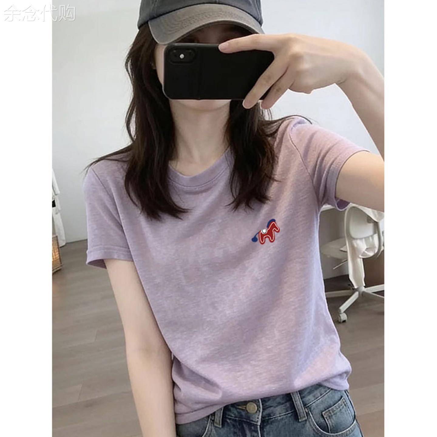 凉感雪花棉正肩圆领短袖T恤女夏天必入款时尚减龄洋派浅紫色上衣