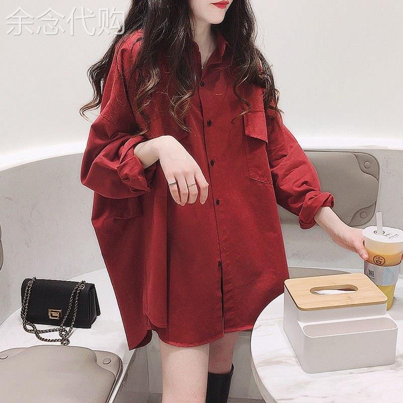 红色衬衫女2026春秋欧货新款外套洋气减龄中长款遮屁股POLO领衬衣
