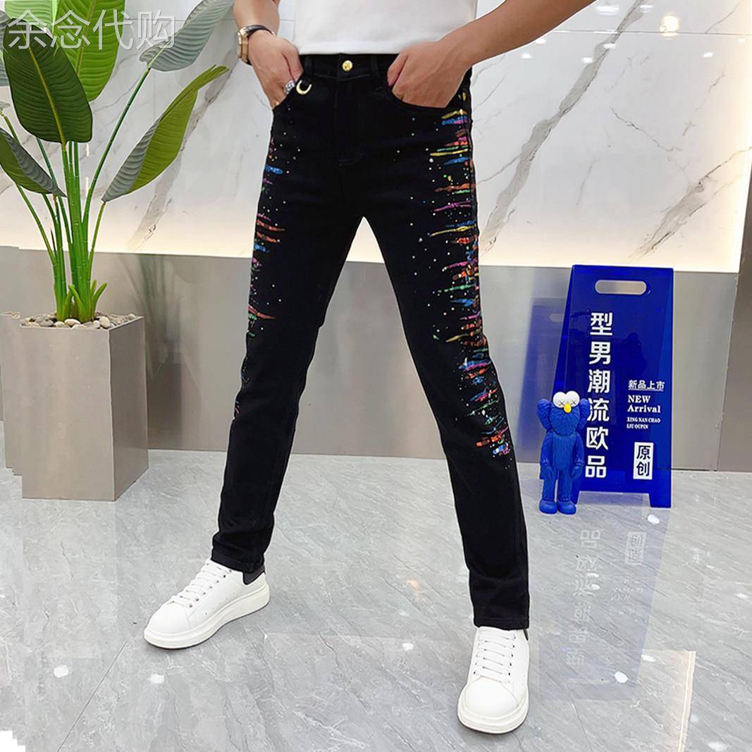 轻奢欧洲站潮牌彩绘印花黑色牛仔裤男秋季时尚修身弹力休闲窄脚裤