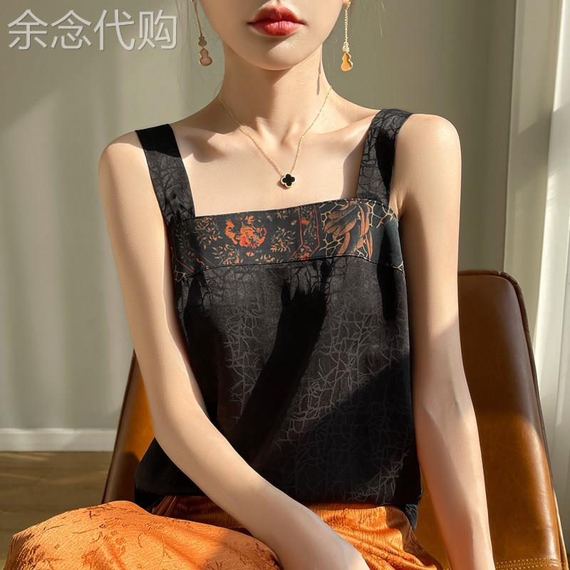 国风刺绣中式短款吊带背心2026方领唐装仿香云纱打底无袖T恤上衣