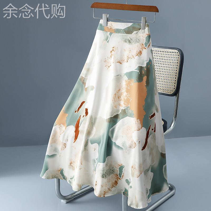 日系轻奢温柔油画风真丝裙春夏季纯欲风文艺新款碎花雪纺半身裙女