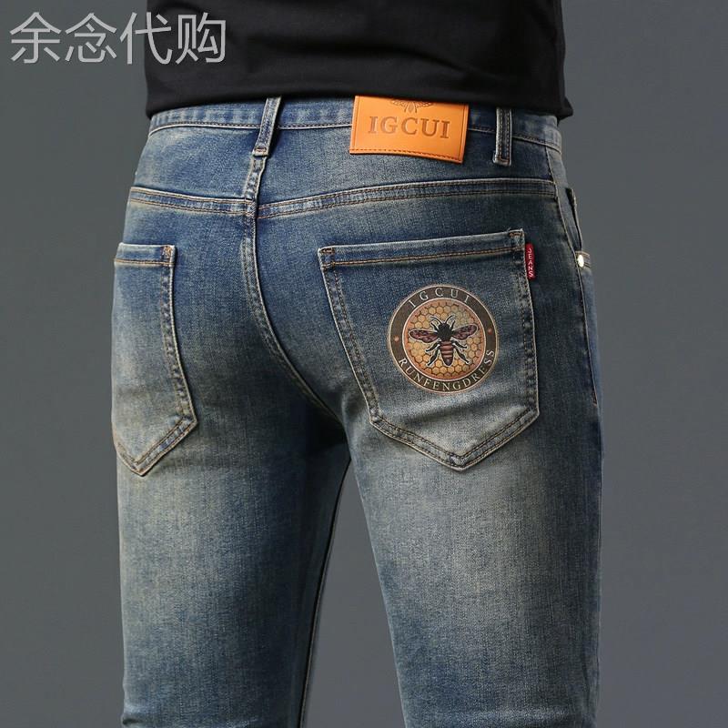香港高端复古蓝牛仔裤男春夏新款潮牌印花弹力修身小脚休闲长裤子