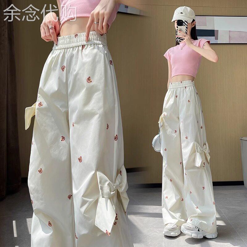 工装裤女夏季薄款2026新款高腰宽松大码休闲裤蝴蝶结印花阔腿裤子