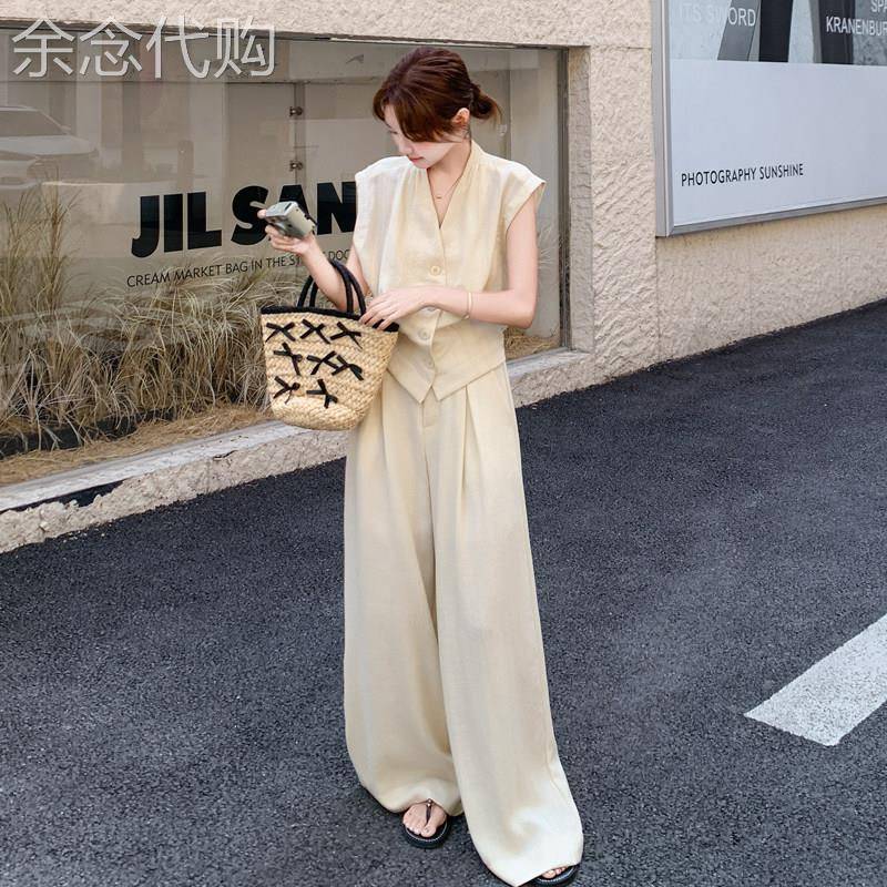 米色气质老钱风穿搭马甲套装女夏2026新款高级松弛感阔腿裤两件套