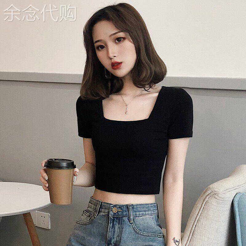 黑色短袖T恤女2025夏季方领紧身短款高腰露脐别致上衣小个子纯棉