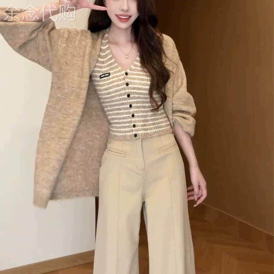 条纹开衫毛衣外套女春秋季2026年新款韩式松弛感v领休闲针织上衣