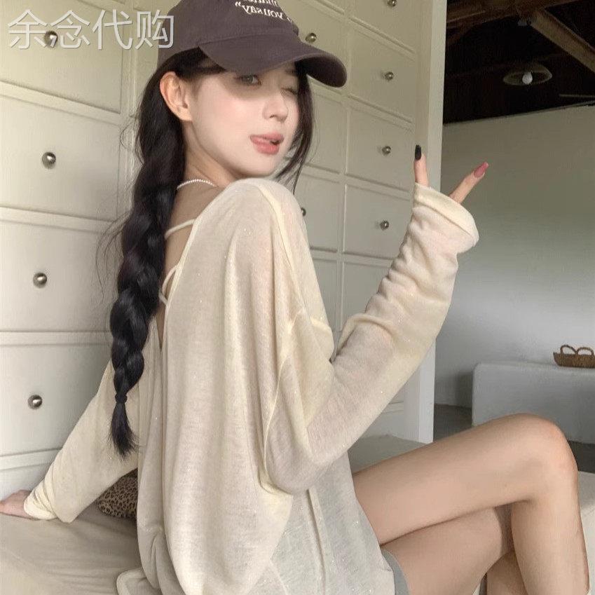 宽松露背运动微透防晒长袖T恤女夏季设计感休闲镂空薄纱罩衫上衣