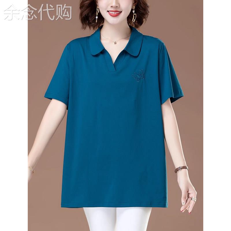 翻领纯棉短袖t恤女2026新款夏装时尚宽松中长版遮肚显瘦全棉衬衫