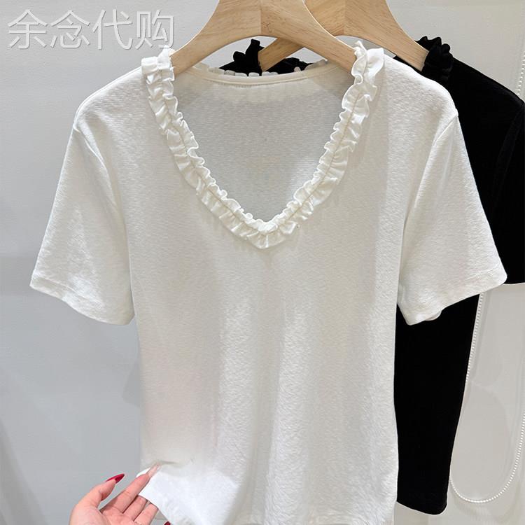 白色短袖T恤女2026夏季新款设计感花边修身显瘦套头上衣正肩T恤