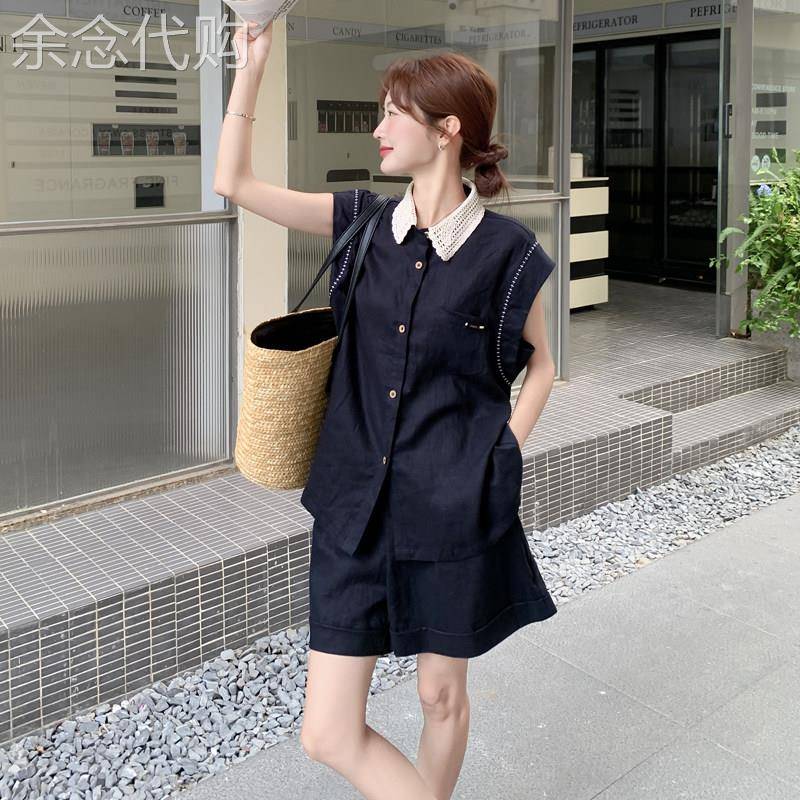 时尚复古休闲棉麻套装女2025夏季新款蕾丝翻领无袖衬衫短裤两件套