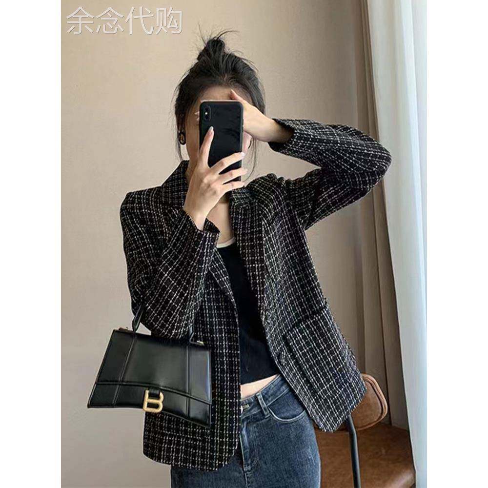 潮牌2025春秋新款格子西装领毛呢女士短外套小个子英伦风西服上衣