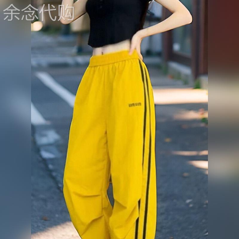 潮牌美式速干工装裤女2026夏季宽松休闲厚棉裤条纹薄款运动阔腿裤
