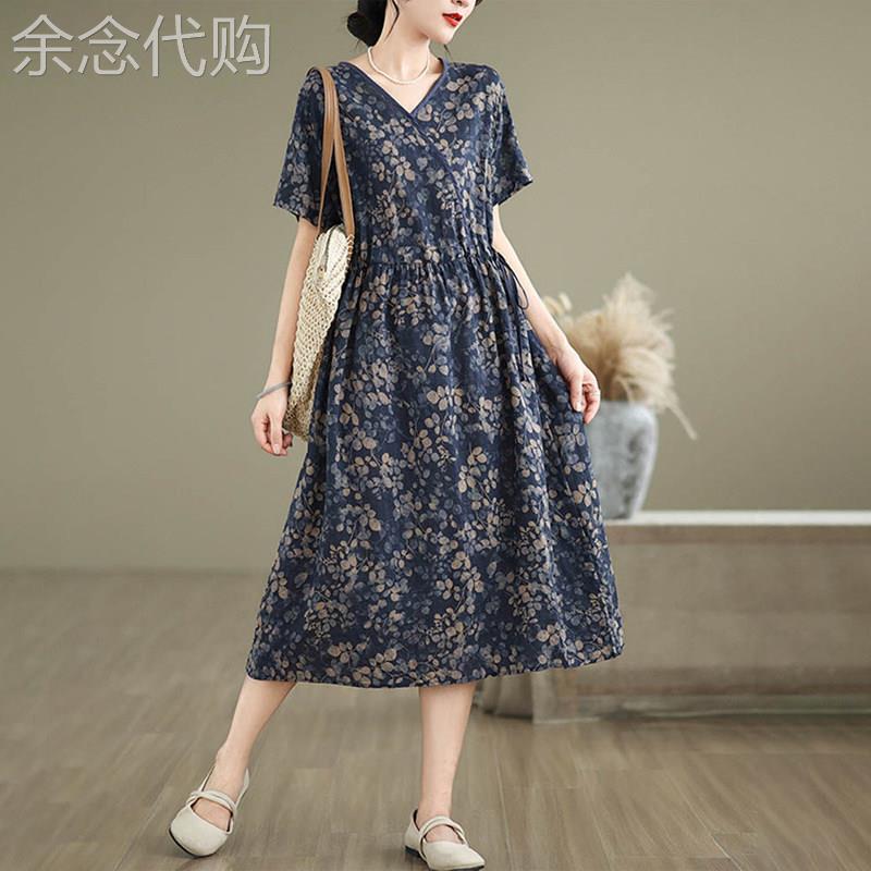 潮牌棉麻洋装女2026夏季新款中年妈妈遮肚子遮胯宽松显瘦碎花裙