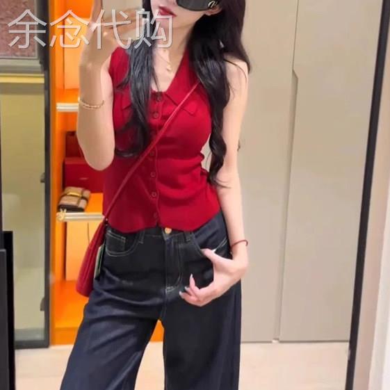 法式polo领红色冰丝针织背心女2026夏季新款欧货修身翻领无袖上衣