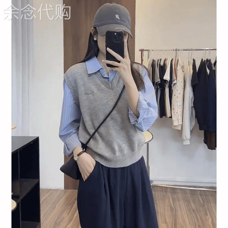 假两件条纹拼接针织长袖衬衫女秋季新款休闲百搭学院风叠穿上衣潮