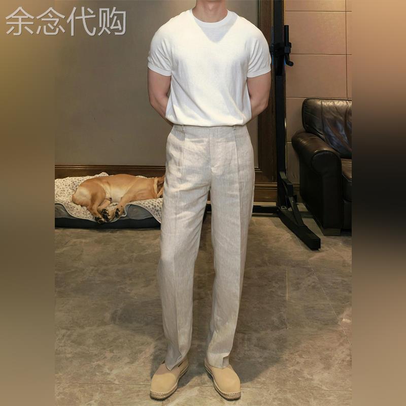 高端男士老钱风商务通勤套装2026夏季休闲短袖杏色天丝裤子一整套