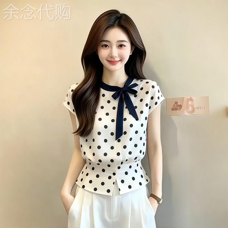 白色蝴蝶结波点衬衫女士夏季欧货轻奢风短袖系带收腰显瘦气质上衣