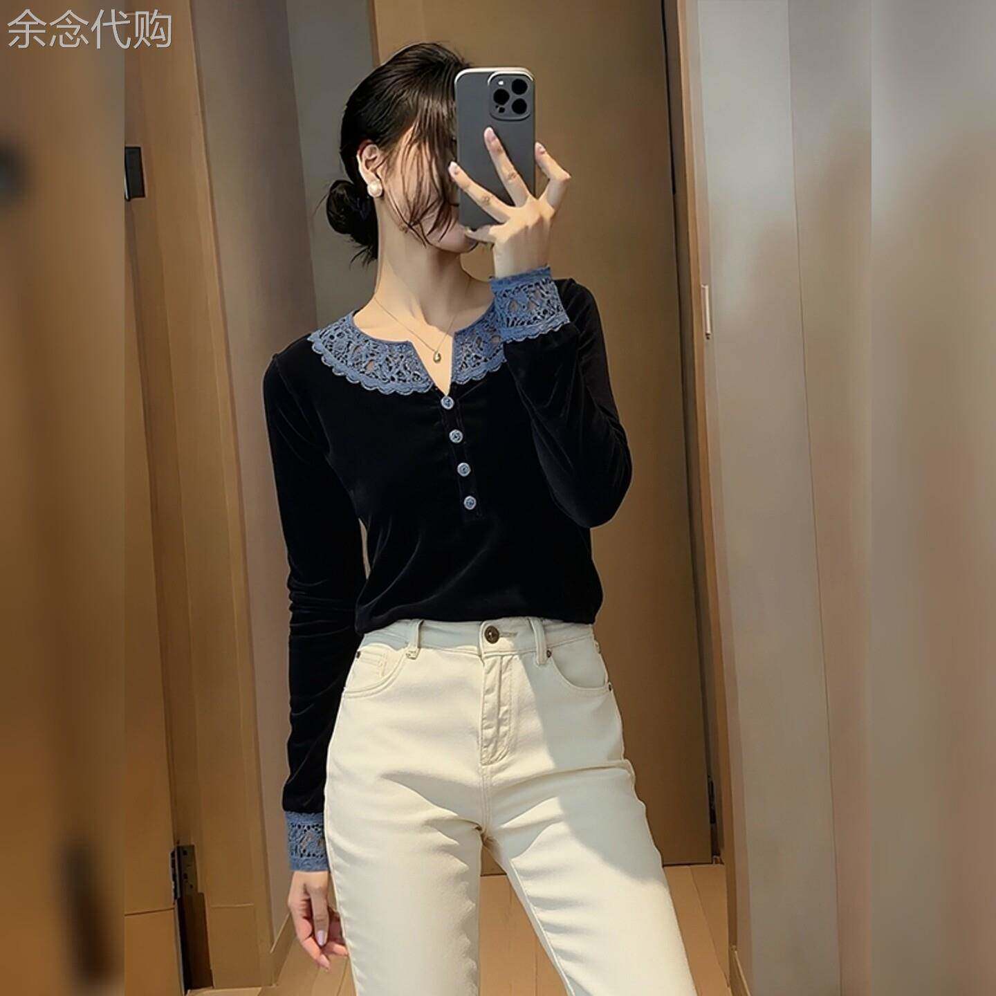 赫本风黑色蕾丝拼接丝绒衬衫女2026春季新款轻奢洋派减龄小衫上衣
