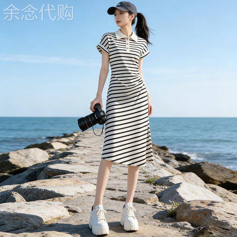 欧洲站Polo领条纹短袖T恤连衣裙女2026新款夏季收腰褶皱中长裙子