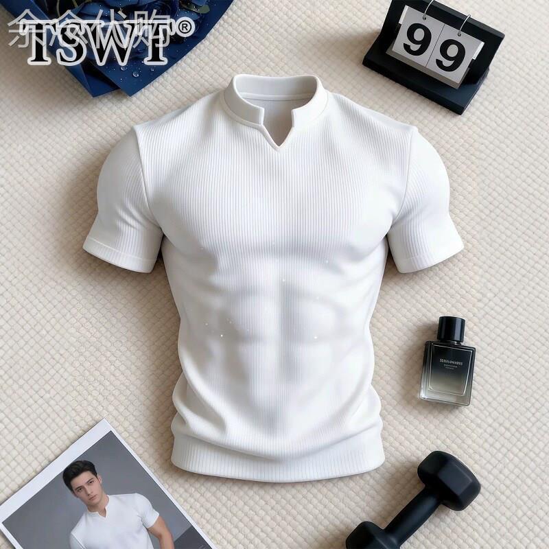 高端白色短袖T男款夏季2026新款收袖口健身运动修身V领半袖上衣服