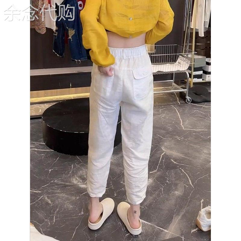 白色高腰亚麻休闲裤女夏季欧洲站2025薄款显瘦百搭遮肉八分哈伦裤