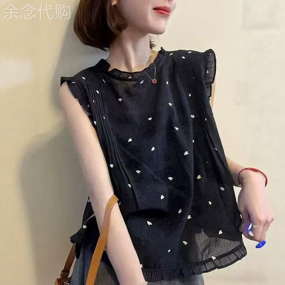 潮牌木耳边无袖衬衫女夏季新款韩版时尚爱心提花设计背心洋派上衣