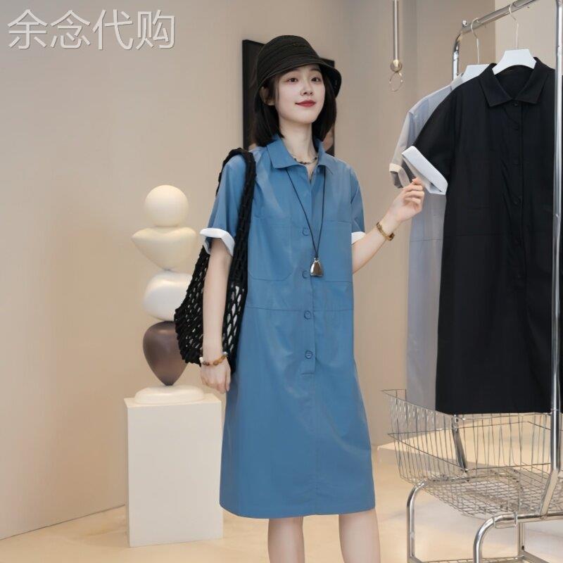 欧洲站减龄休闲风短袖工装连衣裙女2025年夏季新款大码宽松直筒裙