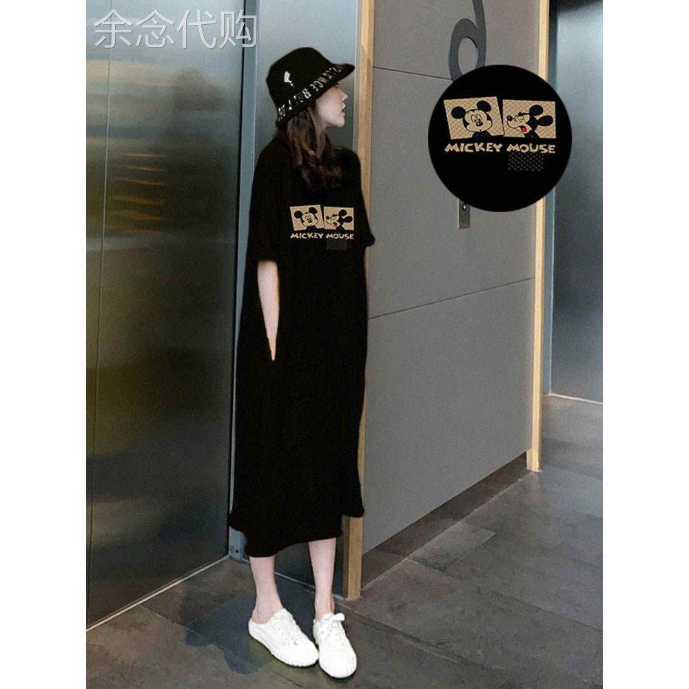 黑色运动休闲连衣裙女夏季2025欧货印花大码胖mm中长款纯棉T恤裙