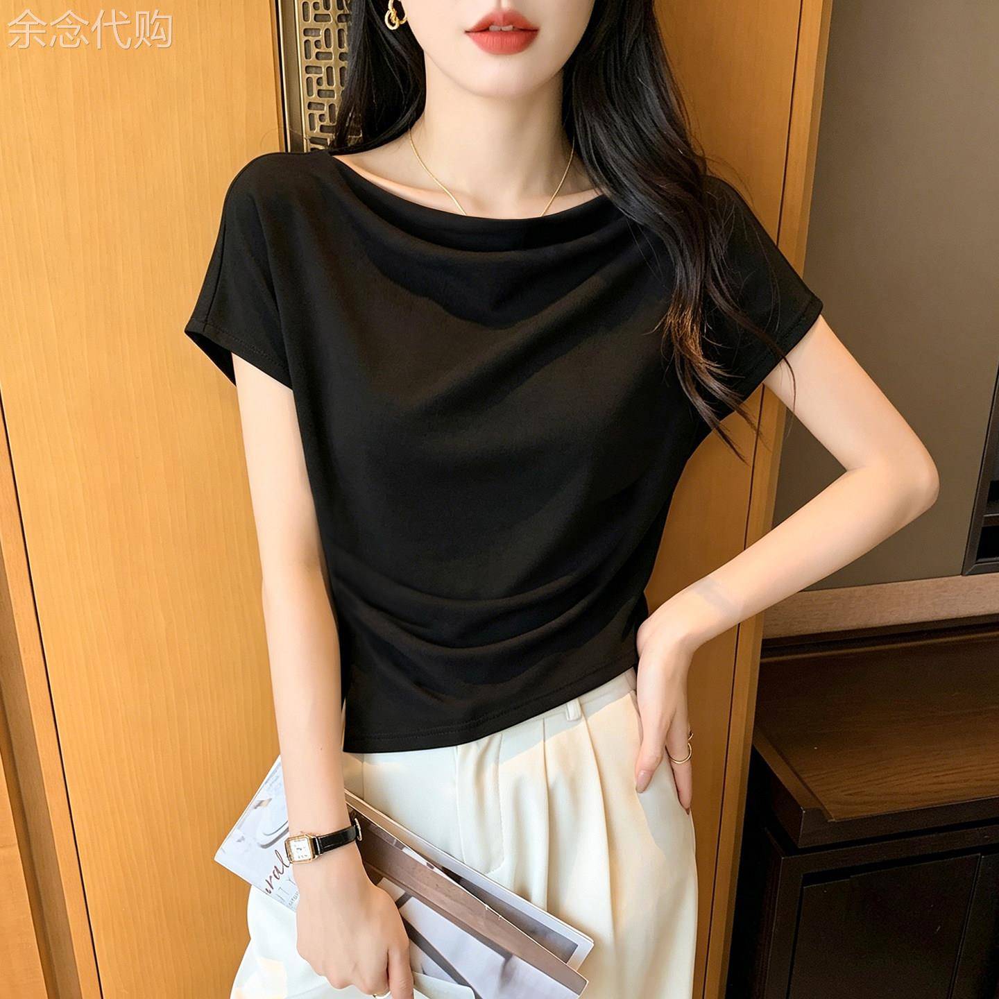 一字肩短袖T恤女垂折领褶皱收腰修身连肩袖开叉新款显瘦斜领上衣
