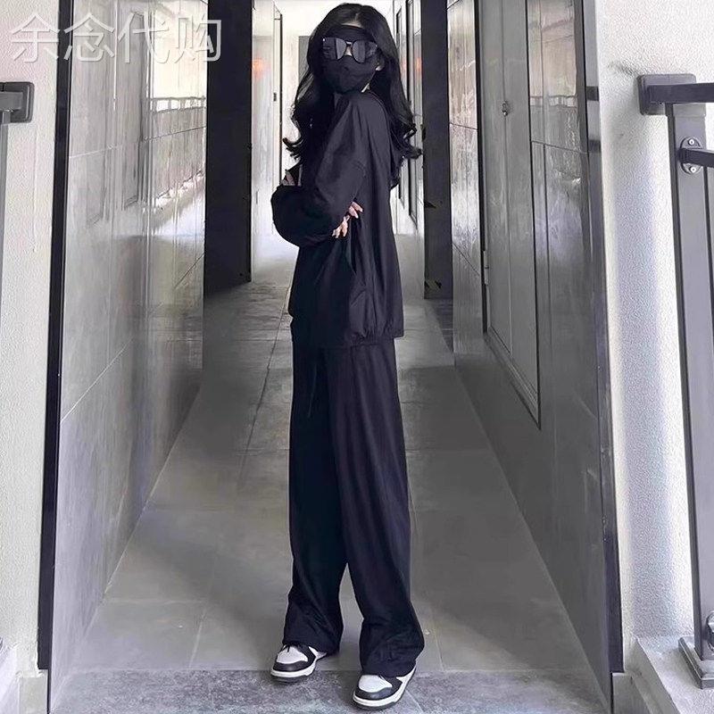 潮牌休闲运动服套装女夏季抗UV户外透气轻薄黑色防晒衣两件套
