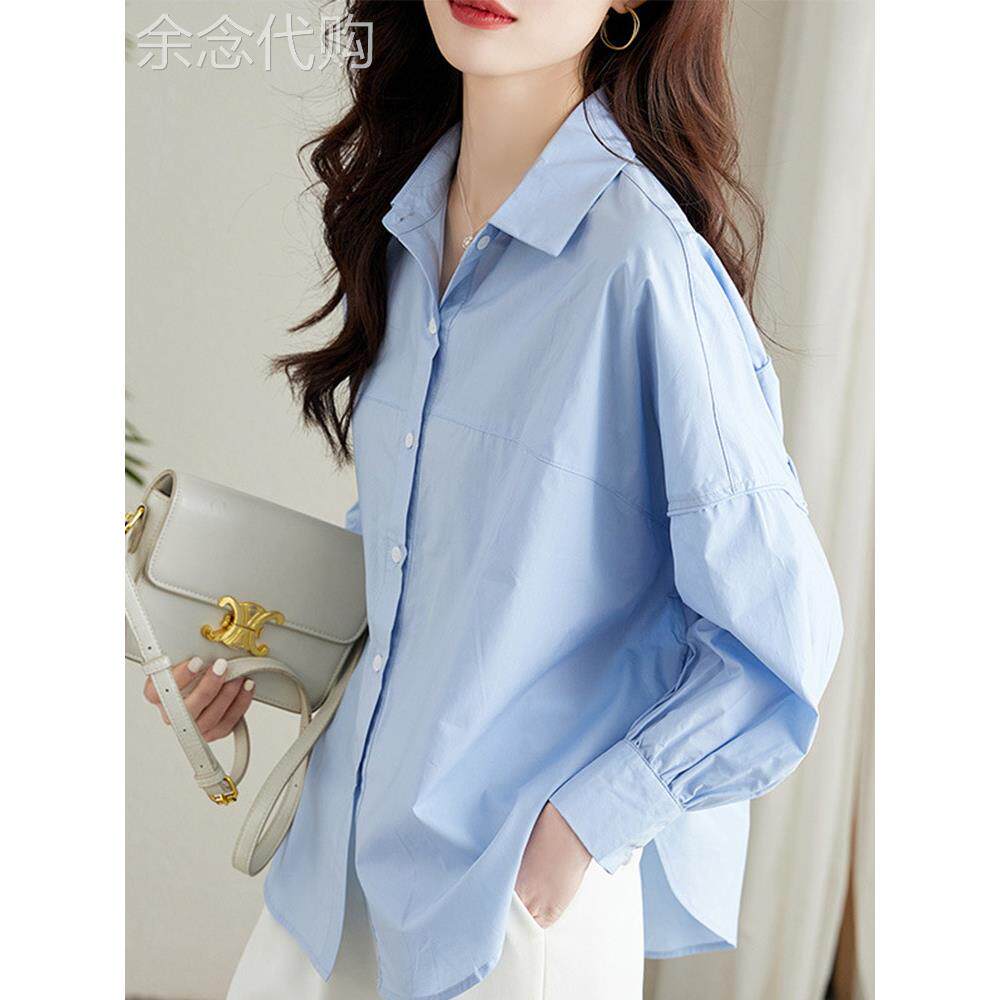 欧洲站女式蓝灯笼袖衬衫2025新款春秋冬高端宽松专业长袖上衣