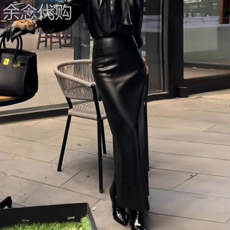 黑色皮裙高腰半身裙女秋季高级感气质辣妹显瘦长版开叉包臀长裙潮