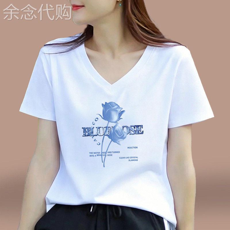 白色短袖T恤女2026夏季新款中年妈妈夏装V领纯棉印花上衣半袖T恤