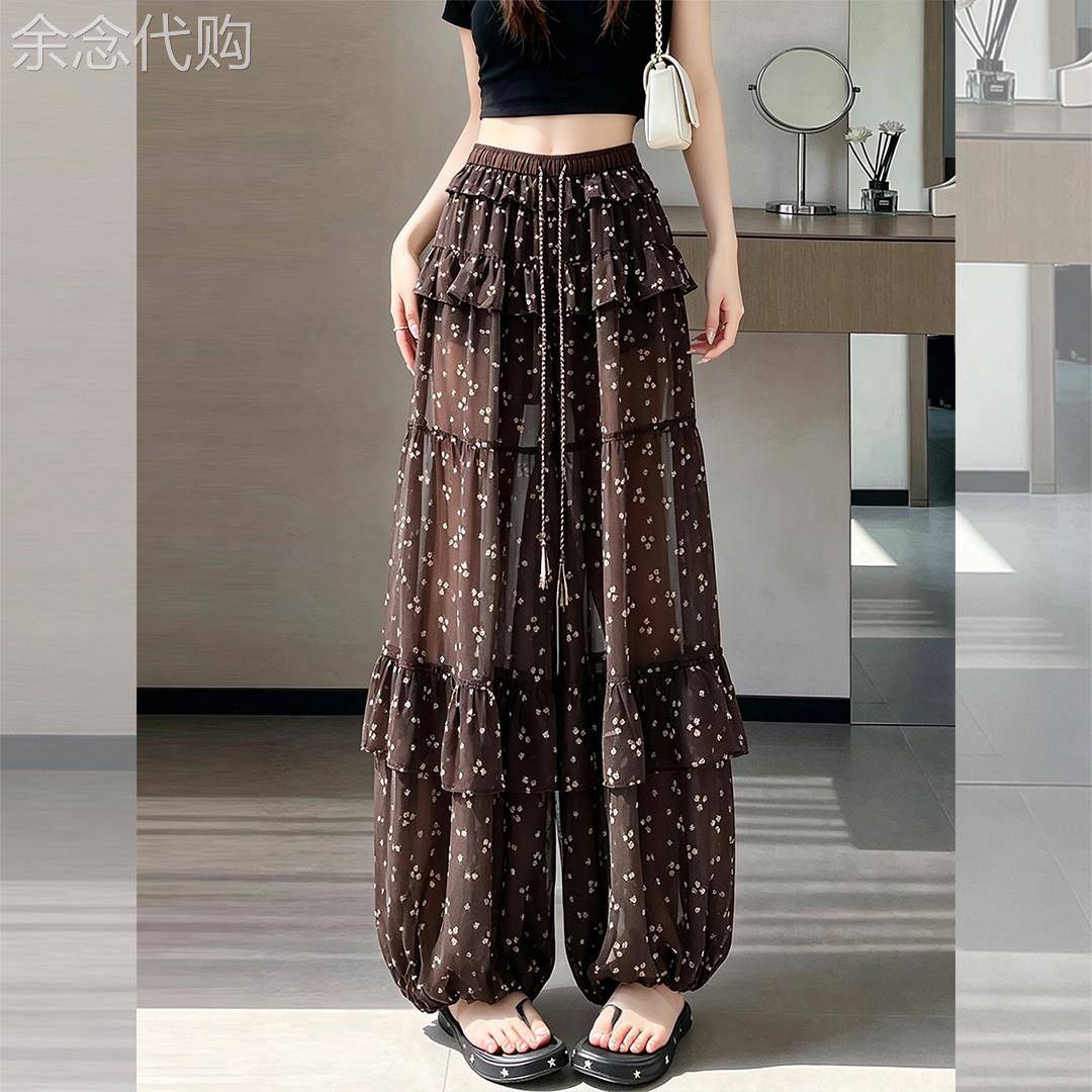 棕色碎花休闲宽裤子女2026夏新款宽松巨好看的慵懒垂坠直筒长裤