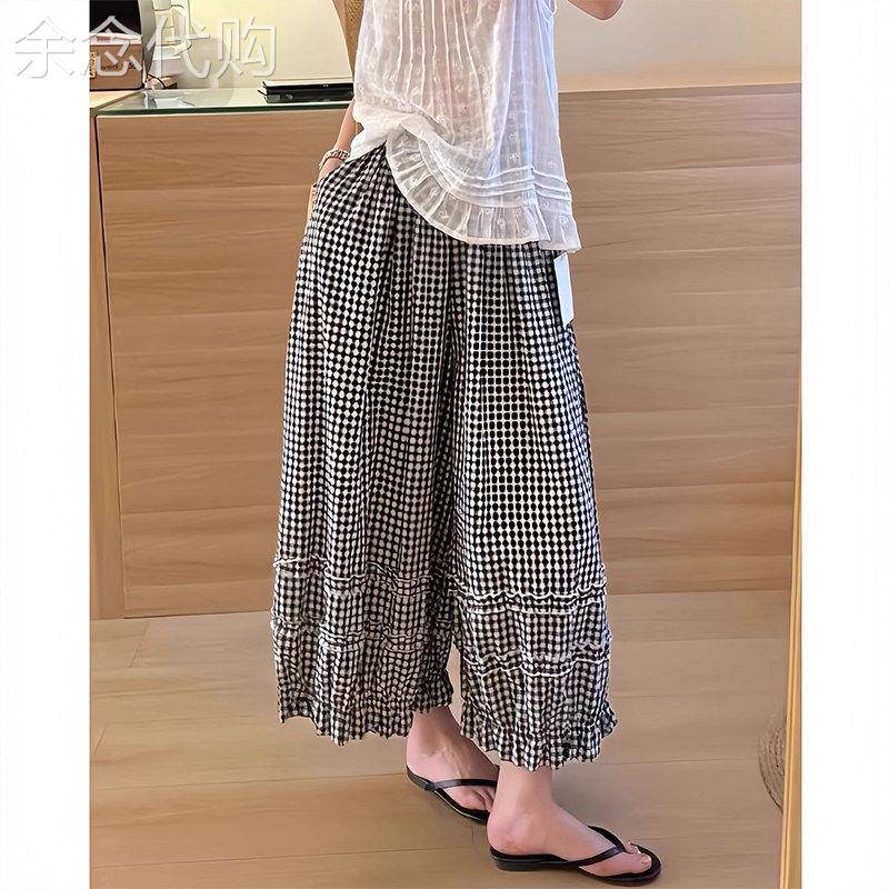 木耳边黑白格子阔腿裤女夏薄款2026新款松紧腰休闲宽松灯笼九分裤