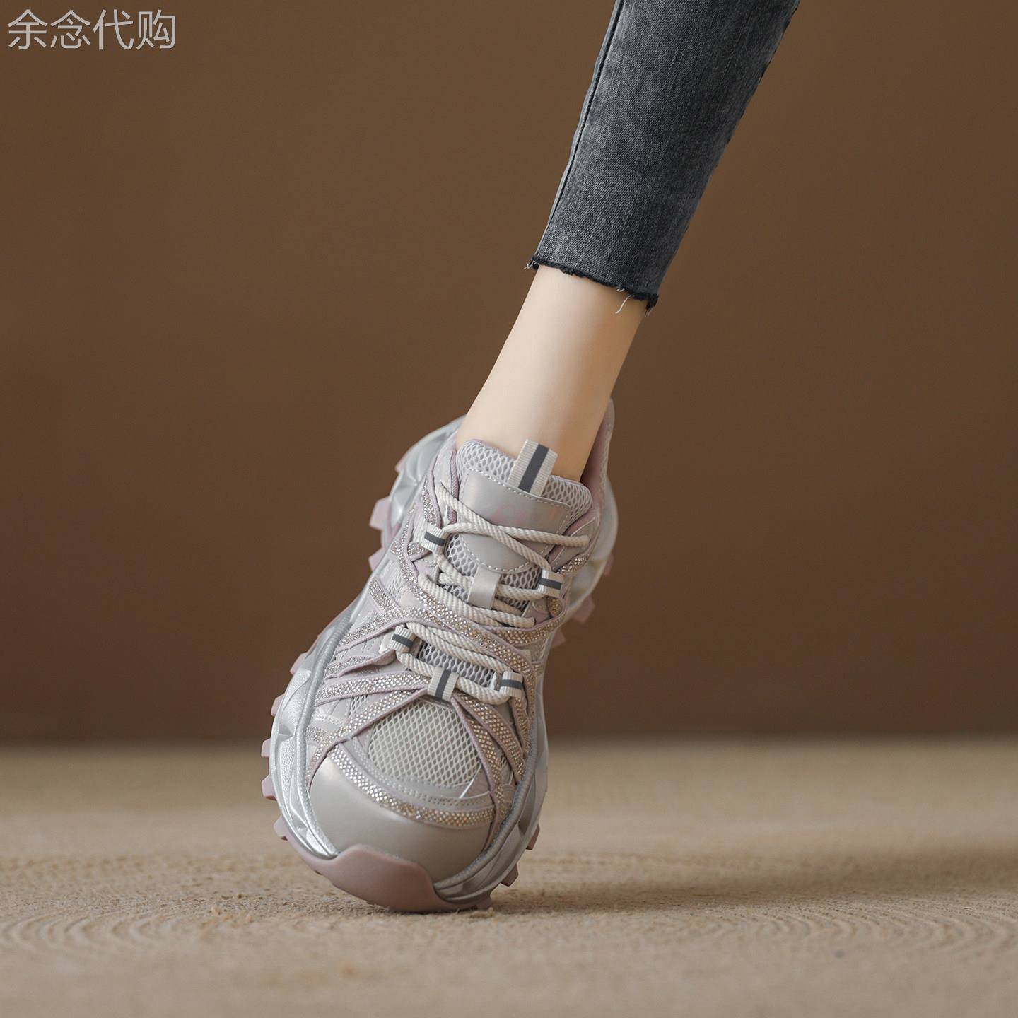 西班牙小众品牌ONGYSL厚底显脚小满钻绑带老爹鞋春秋跑步运动鞋女
