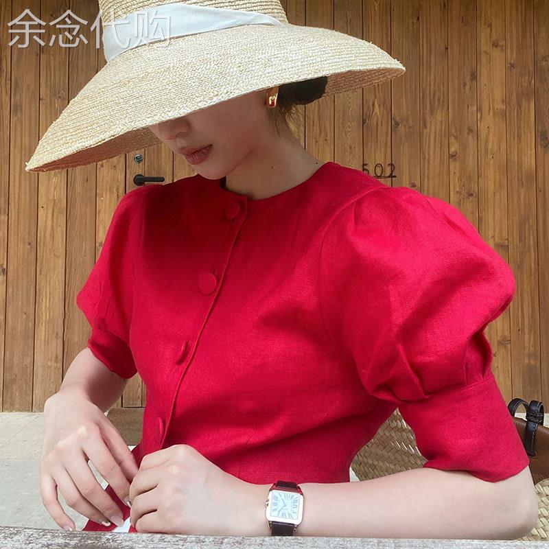 法式复古红色泡泡袖t衬衫女夏2026新款高级感轻奢减龄洋派漂亮上
