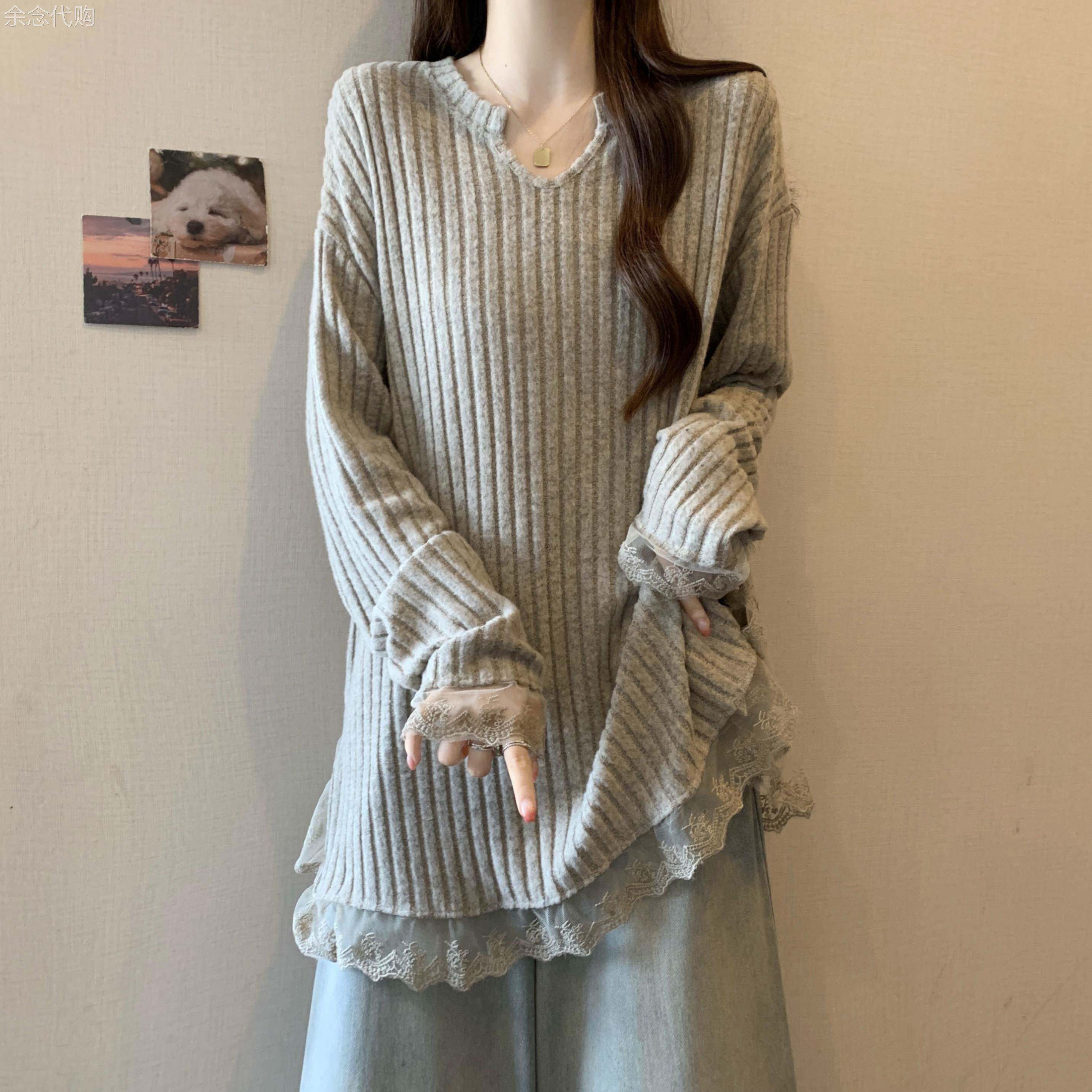 蕾丝针织衫女春秋季2026新款宽松大尺码慵懒风中长版打底衫内搭上