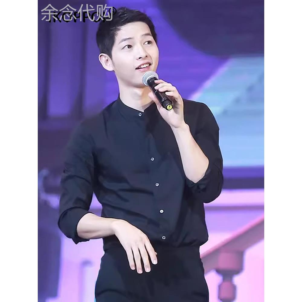 高端立领衬衫男士2025长袖春秋季韩版修身小领潮圆领免烫帅气衬衣