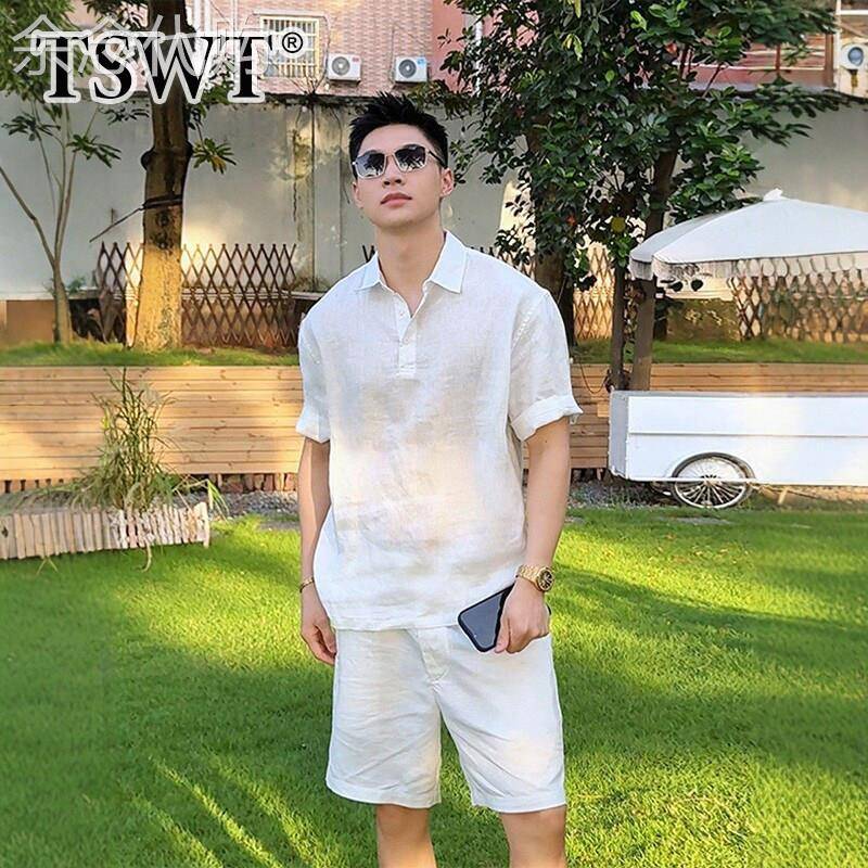 高端老钱风亚麻套装男士夏季2026新款POLO衫休闲半截裤男款两件套