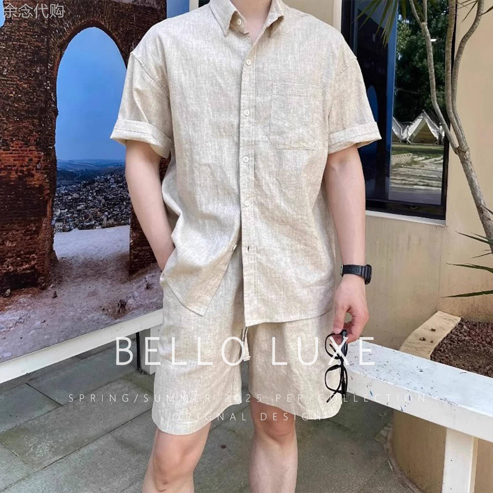 高端亚麻衬衫短裤套装男士夏季薄款老钱风透气衬衣短袖五分裤子