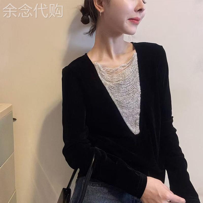 丝绒镂空打底衫女春季新款V领珠片拼接千金风设计感洋派别致上衣