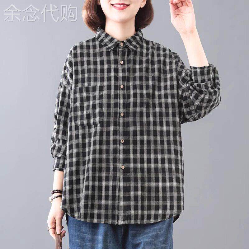 格子翻领长袖衬衫女2026春秋新款时尚休闲洋气女士POLO领衬衣上衣