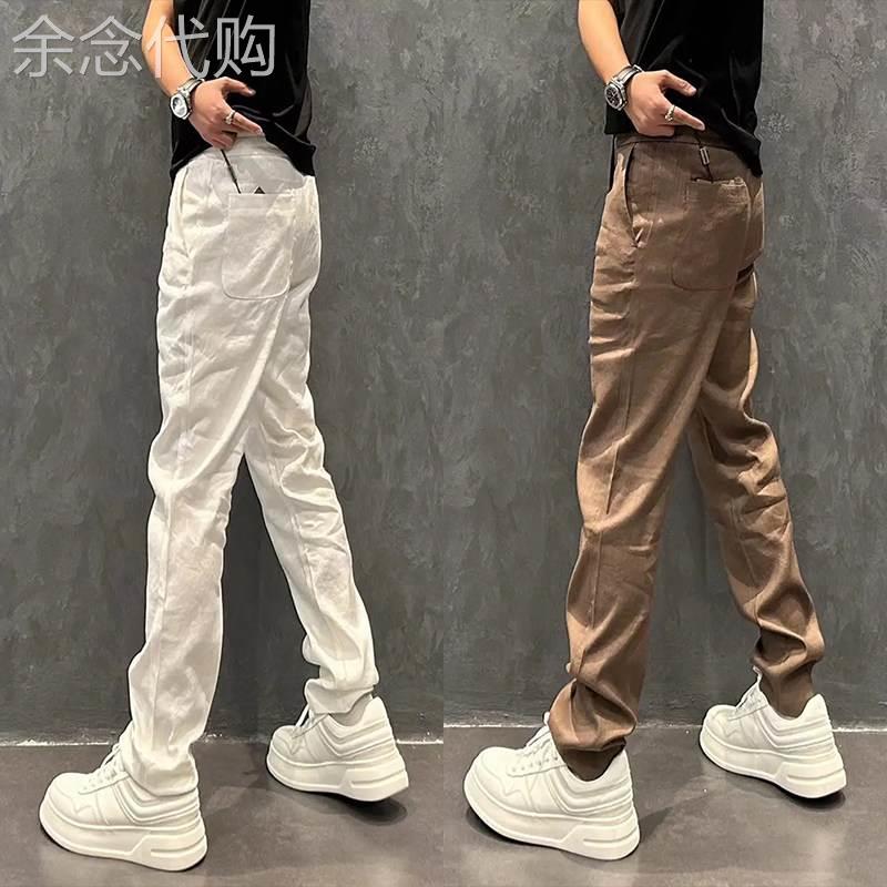亚麻西裤男士2026新款夏季薄款透气抽绳直筒长裤子潮牌宽松休闲裤