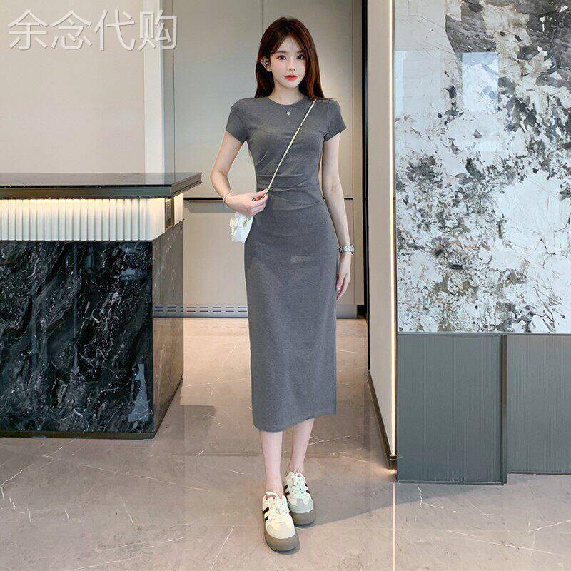 夏季薄款连衣裙女2026新款高级感褶皱包臀长裙收腰显瘦短袖T恤裙