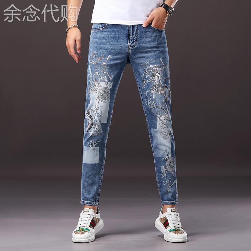 意大利高端印花牛仔裤男2025夏季薄款潮牌修身小脚弹力休闲长裤子