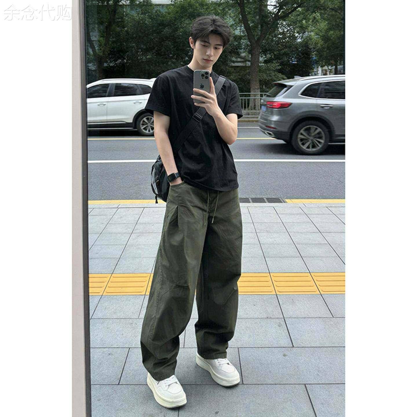 短袖T恤套装男士夏季潮牌宽松纯棉上衣搭配工装裤男装穿搭一整套