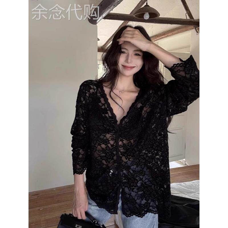 覆古V领蕾丝钩花防晒衬衫长袖外套女春秋款欧货内搭镂空薄款上衣