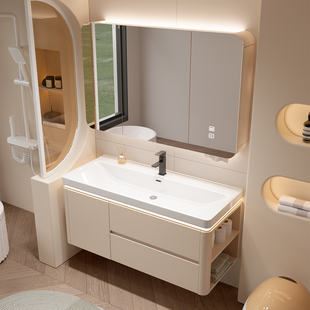 奶油风陶瓷一体海洋大盆圆角浴室柜组合卫生间洗手盆洗脸盆洗漱台